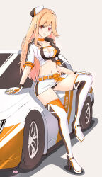  absurdres belt black_panties blonde_hair boots bra breasts car choker cleavage closed_mouth crop_top cropped_jacket female full_body girls&#039;_frontline gloves grey_background hat highres large_breasts leg_up long_hair m2hb_(cheers_on_the_blazing_tarmac)_(girls&#039;_frontline) m2hb_(girls&#039;_frontline) midriff mini_hat miniskirt motor_vehicle navel official_alternate_costume on_vehicle orange_belt orange_choker panties pantyshot race_queen rasen_manga red_eyes skirt smile solo thigh_boots thighhighs underwear white_skirt 