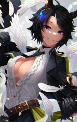  ahoge amekudaki animal_ears asymmetrical_hair belt black_choker black_gloves black_hair black_jacket black_necktie blue_eyes breasts buttons center_frills center_opening choker collared_shirt ear_ornament feathered_wings feathers female frilled_shirt frills fuji_kiseki_(umamusume) gem gloves grey_hair grin highres horse_ears jacket jewelry large_breasts lips long_sleeves looking_at_viewer medium_bangs multicolored_hair multiple_wings necktie no_bra open_clothes open_jacket parted_bangs shiny_skin shirt smile solo streaked_hair two-tone_hair umamusume upper_body white_shirt white_wings wing_collar wings 