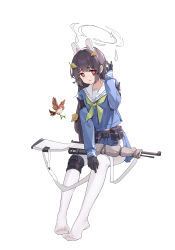  absurdres animal_ear_hairband animal_ears belt_pouch bird black_gloves black_hair black_skirt blue_archive blue_serafuku blue_shirt chinese_commentary commentary_request fake_animal_ears female full_body gloves green_necktie grey_halo gun hairband halo hand_up highres invisible_chair knee_pads leaf leaf_on_head long_hair long_sleeves looking_ahead maochibuqihuyu miyu_(blue_archive) necktie no_shoes pantyhose pleated_skirt pouch rabbit_ear_hairband rabbit_ears red_eyes school_uniform serafuku shirt simple_background single_knee_pad sitting skirt solo toes weapon white_background white_pantyhose 