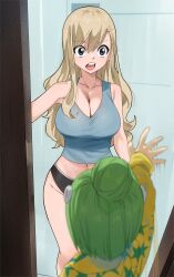  2girls alternate_costume black_panties blonde_hair blue_eyes blue_tank_top blurry blurry_foreground breasts cleavage depth_of_field eden&#039;s_zero gaston18 green_hair highres kleene_(eden&#039;s_zero) large_breasts long_hair looking_at_another midriff motion_lines multiple_girls navel open_mouth panties rebecca_bluegarden tank_top teeth underwear upper_teeth_only 