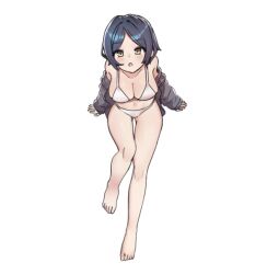  :o aa211108 ass_visible_through_thighs bare_legs barefoot bikini blue_hair blush breasts cleavage collarbone dark_blue_hair feet female grey_jacket hayami_kanade idolmaster idolmaster_cinderella_girls jacket jacket_partially_removed large_breasts looking_at_viewer navel parted_bangs short_hair solo stomach swimsuit thigh_gap toes white_bikini yellow_eyes 