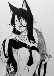  animal_ear_fluff animal_ears breasts brooch cleavage commentary_request dress female fingernails greyscale hair_between_eyes hand_on_own_chest imaizumi_kagerou jewelry large_breasts long_bangs long_hair long_sleeves looking_at_viewer monochrome off-shoulder_dress off_shoulder open_mouth ozma_(yozakura) sharp_fingernails simple_background slit_pupils solo tail touhou traditional_media upper_body very_long_fingernails very_long_hair wolf_ears wolf_girl wolf_tail 