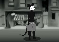  1930s absurd_res anthro arm_tuft black_and_white bottomwear chest_tuft clothed clothing creepypasta depression elbow_tuft fur head_tuft hi_res male mammal mandro22 monochrome mouse multicolored_body multicolored_fur murid murine rodent rubberhose rubberhose_animation sad shorts shorts_only shoulder_tuft solo suicide_mouse_(character) suicide_mouse_(creepypasta) tail topless tuft 