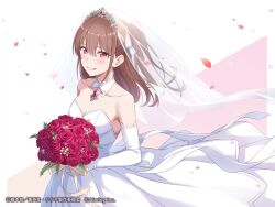  2.5_jigen_no_ririsa 2.5_jigen_no_ririsa_tenshitachi_no_stage blush bouquet breasts bridal_veil brown_hair cleavage commentary_request copyright_notice detached_collar dress elbow_gloves falling_petals female flower gloves grin hair_between_eyes happy_tears highres holding holding_bouquet long_dress long_hair looking_at_viewer official_art petals red_brooch red_eyes red_flower red_rose rose second-party_source sidelocks smile solo strapless strapless_dress tachibana_mikari tears tiara two_side_up upper_body veil wedding_dress white_dress white_gloves 