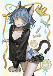  absurdres animal_ear_fluff animal_ears black_bra black_sleeves blue_hair bra breasts candy cat_ears cat_girl cat_tail clenched_hands closed_mouth cowboy_shot crossed_legs crown female food frilled_shorts frills heart highres kamitsubaki_studio liangban_xiexu light_blue_hair light_smile long_sleeves looking_at_viewer midriff nina_(valis) oerba_yun_fang own_hands_together puffy_sleeves ribbon short_hair shorts sinsekai_studio skin_fang small_breasts solo sparkle standing tail underwear valis_(sinsekai) virtual_youtuber white_shorts yellow_eyes yellow_ribbon 