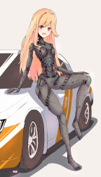  absurdres blonde_hair car embarrassed female full_body girls&#039;_frontline grey_background highres long_hair m2hb_(cheers_on_the_blazing_tarmac)_(girls&#039;_frontline) m2hb_(girls&#039;_frontline) mechanical_parts motor_vehicle no_skin on_vehicle open_mouth race_queen rasen_manga red_eyes solo 