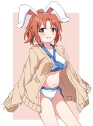  abe_nana absurdres animal_ear_hairband animal_ears bikini blue_neckerchief blush border breasts brown_cardigan brown_eyes brown_hair cardigan collarbone dot_nose fake_animal_ears female hairband highres idolmaster idolmaster_cinderella_girls idolmaster_cinderella_girls_starlight_stage long_sleeves looking_at_viewer medium_breasts neckerchief open_cardigan open_clothes open_mouth outside_border pink_background ponytail rabbit_ear_hairband rabbit_ears sailor_swimsuit_(idolmaster) short_hair side-tie_bikini_bottom simple_background sleeves_past_fingers sleeves_past_wrists smile solo swimsuit white_bikini white_border yairo_ju 