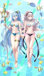  2girls 6nutqd2kwd0iqcl absurdres alternate_costume alternate_hairstyle azura_(fire_emblem) barefoot bikini blue_bikini blue_hair breasts corrin_(female)_(fire_emblem) corrin_(female)_(fire_emblem)_(cosplay) corrin_(fire_emblem) cosplay feet fire_emblem fire_emblem_cipher fire_emblem_fates fish hair_between_eyes highres holding_hands large_breasts long_hair medium_breasts multiple_girls navel official_alternate_costume official_style parody shell shell_bikini style_parody swimsuit toes very_long_hair yellow_eyes 