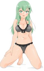  absurdres bikini breasts cleavage commentary_request female frilled_bikini frills full_body green_eyes green_hair grey_bikini hair_ornament hairclip highres kantai_collection kneeling long_hair maonatten medium_breasts navel simple_background solo suzuya_(kancolle) swimsuit white_background 