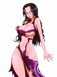  big_breasts big_eyes blue_eyes boa_hancock curvaceous curvy_female female female_only gold_earrings long_black_hair one_piece opalisart purple_dress thick_thighs torn_clothing torn_dress 