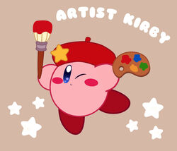  arms_up artist_kirby beret blue_eyes blush blush_stickers brown_background closed_mouth commentary_request copy_ability flat_color full_body hat highres holding holding_brush holding_paintbrush kirby kirby_(series) looking_at_viewer miwa_(ahyuck) no_humans one_eye_closed paintbrush palette_(object) partial_commentary red_hat simple_background solid_oval_eyes solo star_(symbol) star_in_eye symbol_in_eye 