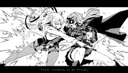  2girls alternate_costume animal_ears battle capelet commentary covered_eyes cross duel english_commentary english_text eye_mask finger_on_trigger firing floating_hair gloves greyscale gun half_gloves hand_up handgun holding holding_gun holding_weapon hololive jacket letterboxed lion_ears lion_girl long_hair mauser_c96 medium_hair military military_jacket military_uniform miniskirt monochrome multiple_girls muzzle_flash open_mouth outstretched_arm pantyhose pantyhose_under_shorts parody pleated_skirt sakamata_chloe shirt shishiro_botan shishiro_botan_(button-down) shorts simple_background sin_city skirt spot_color taka_t taran_tactical_innovations thigh_strap tti_combat_master uniform virtual_youtuber weapon white_background 