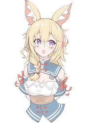  animal_ears arms_behind_back bare_shoulders black_hair blonde_hair blush bow braid breasts cleavage clothing_cutout commentary cosplay cropped_torso eihire facial_mark female fox_ears fox_girl hair_between_eyes hololive long_hair looking_away multicolored_hair omaru_polka open_mouth pink_hair purple_eyes red_bow red_ribbon ribbon shiranui_flare shiranui_flare_(cosplay) shiranui_flare_(old_design) shoulder_cutout side_braid simple_background single_braid small_breasts solo streaked_hair underbust virtual_youtuber white_background 