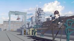  anti-aircraft_gun artillery autocannon azur_lane bench black_hair black_pantyhose black_serafuku black_skirt book book_stack brown_footwear building cannon crane_(machine) crate crossed_legs day female forklift ground_vehicle harbor highres horns katana ladder light_cruiser long_hair military military_vehicle motor_vehicle neckerchief noshiro_(azur_lane) noshiro_(light_cruiser) oni_horns outdoors pantyhose purple_eyes radar railing range_finder sakuramon scenery school_uniform searchlight serafuku ship shipyard sitting skirt sky solo sword tech_box_(azur_lane) turret type_96_aa_gun vehicle_and_personification warship watercraft weapon white_neckerchief yuki_miio 