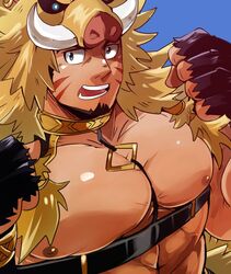  1boy alternate_facial_hair animal_hood bara beard boar_boy boar_hood body_fur brown_hair bursting_pectorals chest_harness collar facial_hair forked_eyebrows fur_(clothing) gullinbursti_(housamo) harness hood large_pectorals looking_at_viewer male_focus mature_male muscular muscular_male navel oerba_yun_fang ohayashi55 pectoral_focus pectorals short_hair solo tokyo_afterschool_summoners upper_body 