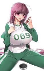  blush breasts candy commentary dalgona damda fate/grand_order fate_(series) female food gym_uniform hair_intakes jacket large_breasts licking long_hair looking_at_viewer pants red_eyes scathach_(fate) solo sportswear spread_legs squid_game sweat track_jacket track_pants track_suit 