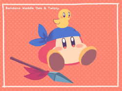  animal animal_on_head bandana bandana_waddle_dee bird blue_bandana blue_headwear blush blush_stickers border character_name chick commentary_request english_text full_body highres kirby_(series) miwa_(ahyuck) no_mouth on_head orange_eyes partial_commentary polearm polka_dot polka_dot_background red_background simple_background sitting solid_oval_eyes spear twizzy waddle_dee weapon white_border 