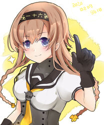  9610_(kuroto) black_gloves black_headband black_sailor_collar blue_eyes braid clothes_writing commentary_request corset female gloves hachimaki hair_ornament headband highres kantai_collection light_brown_hair long_hair looking_at_viewer neckerchief propeller_hair_ornament sailor_collar school_uniform serafuku solo teruzuki_(kancolle) twin_braids white_background yellow_neckerchief 