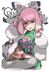  2girls bow cardigan coat commentary cropped_legs drill_hair flipped_hair fur_coat gloria_(pokemon) gloves grey_cardigan gym_challenge_uniform hairband hairbow hand_on_another&#039;s_head highres klara_(pokemon) licking licking_stomach looking_at_viewer multiple_girls partially_fingerless_gloves pink_hair pokemon pokemon_swsh print_shirt print_shorts shaded_face shirt short_hair short_shorts shorts side_slit side_slit_shorts simple_background single_glove tirarizun twin_drills white_bow white_hairband yuri 