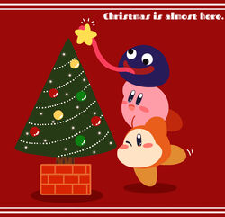  absurdres arm_up black_eyes blue_eyes blush blush_stickers christmas christmas_ornaments christmas_tree commentary_request english_text full_body gooey_(kirby) happy highres kirby kirby_(series) leg_up long_tongue miwa_(ahyuck) motion_lines no_humans no_mouth notice_lines one_eye_closed open_mouth red_background simple_background slime_(creature) smile solid_oval_eyes stacking standing standing_on_one_leg star_(symbol) tongue tongue_hold tongue_out waddle_dee wall-eyed wince 