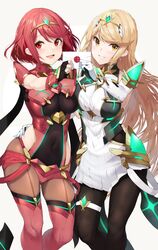  2girls asymmetrical_docking black_thighhighs blonde_hair blush breast_press breasts chest_jewel dress earrings elbow_gloves fingerless_gloves gem gloves hand_on_own_hip hands hands_on_own_hips headpiece highres jewelry large_breasts long_hair looking_at_viewer multiple_girls mythra_(massive_melee)_(xenoblade) mythra_(xenoblade) open_mouth pantyhose pyra_(xenoblade) red_hair red_shorts shorts smash_invitation smile standing super_smash_bros. swept_bangs thighhighs thighs tiara very_long_hair white_background white_dress white_gloves xenoblade_chronicles_(series) xenoblade_chronicles_2 yappen 