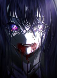  absurdres blood blood_drip blood_from_mouth blood_on_clothes blood_on_face close-up commentary crying dying ela_(lilyvalley8) eyelashes female highres hoshino_ai_(oshi_no_ko) long_hair messy_hair multicolored_eyes oshi_no_ko pink_eyes purple_eyes purple_hair solo spoilers star-shaped_pupils star_(symbol) symbol-shaped_pupils teeth 