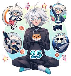  1boy 9s_(nier:automata) 9s_(nier:automata)_(cosplay) :d ahoge alternate_costume android animal_print aperture_science_handheld_portal_device arm_up black_blindfold black_hoodie black_jacket black_pants black_skin blindfold cheer_(cheerpuppy14) chell chell_(cosplay) coiled_nail_(hollow_knight) colored_skin commentary controller cosplay danganronpa_(series) danganronpa_v3:_killing_harmony dog_print english_commentary full_body grey_hair grey_legwear gun highres holding holding_controller holding_poke_ball holding_sword holding_weapon hollow_knight hood hood_down hoodie indian_style jacket k1-b0 katana knight_(hollow_knight) knight_(hollow_knight)_(cosplay) long_fall_boots male_focus mask multiple_views nail_(hollow_knight) nier:automata nier_(series) pants poke_ball poke_ball_(basic) pokemon pokemon_(creature) portal_(series) rotom short_hair sitting smile socks star_(symbol) sword teeth upper_teeth_only weapon white_background 