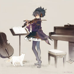  bad_id black_hair boots bow_(music) cello coat dated dress eiyuu_senki feline female full_body grey_eyes headphones highres instrument ludwig_van_beethoven_(eiyuu_senki) messy_hair music music_stand oyari_ashito pantyhose piano piano_bench piano_print playing_instrument short_hair signature smile violin white_cat 