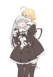  2girls :d absurdres ahoge amano_soraha assault_lily black_legwear black_ribbon blonde_hair blush buttons closed_eyes commentary cowboy_shot cropped_jacket egawa_kusumi frilled_skirt frills grey_hair hair_between_eyes hands_on_another&#039;s_arms hands_up height_difference high-waist_skirt highres hug hug_from_behind juliet_sleeves leg_ribbon long_hair long_sleeves low_ponytail multiple_girls neck_ribbon open_mouth pantyhose ponytail puffy_sleeves revision ribbon sasaki33916 school_uniform sidelocks simple_background skirt smile standing thighhighs very_long_hair white_background white_ribbon yuri yurigaoka_girls_academy_school_uniform zettai_ryouiki 