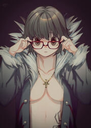  adjusting_eyewear black_background black_coat black_hair blurry breasts chrollo_lucilfer chrollo_lucilfer_(cosplay) closed_mouth coat cosplay cross cross_necklace depth_of_field female fur-trimmed_coat fur-trimmed_collar fur-trimmed_sleeves fur_trim glasses hands_on_eyewear hands_up hunter_x_hunter inverted_cross jewelry long_sleeves looking_at_viewer medium_breasts motakokun naked_coat necklace open_clothes open_coat red-framed_eyewear shizuku_murasaki short_hair solo spider_tattoo stomach_tattoo tattoo underboob 