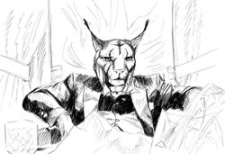  absurd_res anthro chair clothed clothing cocaine digital_drawing_(artwork) digital_media_(artwork) drugs felid furniture general_proton glass hi_res humanoid khajiit male mammal microsoft monochrome movie_reference scarface scarface_(1983) simple_background solo suit the_elder_scrolls three_piece_suit tony_montana 