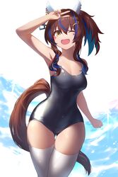  absurdres animal_ears ass_visible_through_thighs bare_arms bare_shoulders black_one-piece_swimsuit breasts brown_hair commentary_request cowboy_shot daitaku_helios_(umamusume) female hair_between_eyes highres horse_ears horse_girl horse_tail long_hair medium_breasts oerba_yun_fang one-piece_swimsuit one_eye_closed open_mouth ponytail saikuu skin_fang smile solo swimsuit tail thighhighs umamusume v white_thighhighs yellow_eyes 