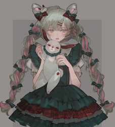  black_bow bow braid commentary cropped_legs detached_collar double_bun dress ear_piercing female frilled_dress frills gothic_lolita green_bow grey_background grey_eyes grey_hair grey_nails hair_bun hair_ornament hairclip lolita_fashion looking_to_the_side multicolored_clothes multicolored_dress multicolored_hair nekosuke_(oxo) original piercing pink_hair stuffed_goat symbol-only_commentary twin_braids 