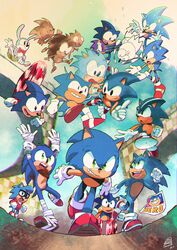  6+boys a_r_q absurdres adventures_of_sonic_the_hedgehog animal_ears anniversary arms_up bad_id bad_twitter_id bandages black_eyes blue_fur bow bowtie chromatic_aberration commentary english_commentary furry furry_male glasses gloves green_eyes green_hill_zone grin hedgehog highres looking_at_viewer mr._needlemouse multiple_boys multiple_persona nicky_(sonic) ok_k.o.!_let&#039;s_be_heroes open_mouth prototype_design quill rabbit rabbit_ears red_bow red_footwear ring_(sonic) running signature smile sonic_(live_action) sonic_(series) sonic_boom_(series) sonic_mania_adventures sonic_the_comic sonic_the_hedgehog sonic_the_hedgehog_(beta_design) sonic_the_hedgehog_(classic) sonic_the_hedgehog_(film) sonic_the_hedgehog_(manga) sonic_the_hedgehog_(ova) sonic_the_hedgehog_(satam) sonic_underground sonic_x teeth white_gloves 