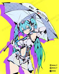  absurdres alternate_costume aqua_eyes aqua_hair blue_eyes blue_necktie breasts closed_mouth commentary cowboy_shot defaultz derivative_work detached_sleeves drop_shadow facebook_logo facebook_username female goodsmile_racing grey_shirt hair_ornament hatsune_miku headset highres holding holding_umbrella instagram_logo instagram_username long_hair looking_at_viewer navel necktie race_queen racing_miku racing_miku_(2012) shirt sidelocks skirt sleeveless solo twintails twitter_logo twitter_username umbrella v very_long_hair vocaloid watermark yellow_background 