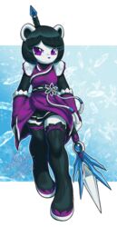  2022 absolute_territory absurd_res anthro bear black_hair black_nose bottomwear breasts clothed clothing female freedom_planet fur galaxytrail giant_panda hair hi_res legwear mammal melee_weapon neera_li nowykowski7 purple_eyes signature solo staff thigh_highs topwear weapon white_bars white_body white_fur 