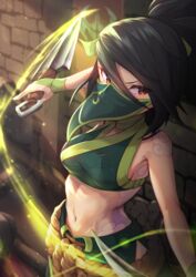  absurdres akali bare_shoulders black_hair breasts brick_wall corpse crop_top dagger female fingerless_gloves full-body_tattoo gloves green_gloves green_mask green_shirt hair_between_eyes highres holding holding_dagger holding_knife holding_weapon knife kunai league_of_legends mask mouth_mask navel ninja_mask oops red_eyes reverse_grip rope_belt shirt short_ponytail shoulder_tattoo slashing sleeveless sleeveless_shirt small_breasts solo stomach tattoo toned v-shaped_eyebrows weapon 