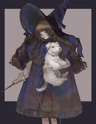  animal blue_dress blue_eyes blue_headwear blunt_bangs brown_eyes brown_hair canine cropped_legs dress female hat holding holding_animal holding_dog holding_wand long_hair looking_at_viewer nekosuke_(oxo) original sidelocks simple_background tongue tongue_out wand wavy_hair witch witch_hat 