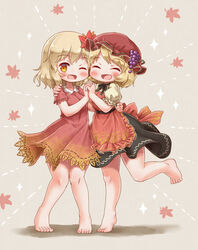  2girls aki_minoriko aki_shizuha apron arinu barefoot beige_background black_ribbon black_skirt blonde_hair blush choker closed_eyes commentary_request dress emphasis_lines food fruit full_body grapes hair_ornament hat highres holding_hands leaf leaf_hair_ornament looking_at_viewer maple_leaf mob_cap multiple_girls one_eye_closed open_mouth orange_eyes painttool_sai_(medium) red_apron red_dress red_headwear ribbon ribbon_choker short_sleeves siblings sisters skirt smile standing touhou 