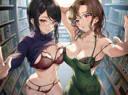  2girls apron bare_shoulders black_bra black_hair blue_sweater blush bookshelf bra breasts brown_hair cleavage clothes_lift collarbone glasses green_apron lace-trimmed_bra lace_trim large_breasts long_hair looking_at_viewer male_underwear male_underwear_pull mole mole_under_eye multiple_girls original panties parted_bangs purple_eyes red_bra red_panties ribbed_sweater sage_joh sweater swept_bangs turtleneck turtleneck_sweater underwear 