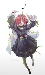  artist_name black_dress black_footwear blue_eyes bow breasts choker commentary csyday dress english_text fate/apocrypha fate/grand_order fate_(series) female flower frankenstein&#039;s_monster_(fate) frankenstein&#039;s_monster_(under_the_same_sky)_(fate) frilled_dress frills full_body green_pantyhose hair_ornament hair_over_eyes highres horns long_sleeves looking_at_viewer mechanical_horns open_mouth pantyhose pink_hair puffy_sleeves ribbon shoes short_hair simple_background single_horn smile solo teeth white_background 