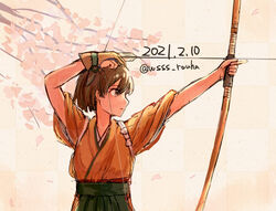  aiming archery arrow_(projectile) bow_(weapon) brown_gloves brown_hair female gloves green_hakama hakama hakama_short_skirt hakama_skirt hiryuu_(kancolle) holding holding_arrow holding_bow_(weapon) holding_weapon japanese_clothes kantai_collection kimono one-hour_drawing_challenge one_side_up orange_kimono partially_fingerless_gloves short_hair single_glove skirt solo tasuki upper_body weapon wss_(nicoseiga19993411) yugake yumi_(bow) 