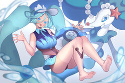  absurdly_long_hair absurdres ball barefoot beachball blue_eyes blue_hair blush breasts colored_eyelashes commentary feet female floating graynacht hatsune_miku highres long_hair looking_at_viewer open_mouth pokemon pokemon_(creature) primarina project_voltage teeth upper_teeth_only very_long_hair visor_cap vocaloid water_miku_(project_voltage) white_headwear zipper_pull_tab 