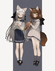  2girls animal_ear_fluff animal_ears black_footwear blue_eyes blue_skirt blunt_bangs brown_eyes brown_hair cat_ears cat_girl cat_tail closed_mouth collarbone dress full_body grey_eyes grey_socks hat highres holding holding_clothes holding_hat long_hair looking_at_viewer multiple_girls neck_ribbon nekosuke_(oxo) original own_hands_clasped own_hands_together pleated_dress pleated_skirt ribbon school_uniform shirt sidelocks simple_background skirt socks standing straw_hat tail unworn_hat unworn_headwear very_long_hair white_dress white_shirt 