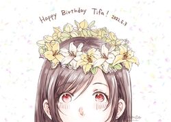  ancotsubu asymmetrical_bangs blush brown_hair earrings female final_fantasy final_fantasy_vii final_fantasy_vii_remake floral_background flower hair_between_eyes happy_birthday head_wreath highres jewelry leaf red_eyes solo tifa_lockhart white_flower yellow_flower 