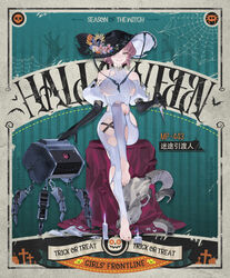  bad_link bare_shoulders barefoot black_gloves black_hat breasts character_name closed_mouth collarbone copyright_name dress drill_hair drill_sidelocks elbow_gloves feet female flower full_body girls&#039;_frontline gloves hair_over_one_eye halloween halloween_costume hat hat_flower highres holding holding_knife knee_up knife lips looking_at_viewer medium_breasts medium_hair mp-443_(girls&#039;_frontline) mp-443_(shepherd_of_the_lost)_(girls&#039;_frontline) official_art pink_hair promotional_art reeh_(yukuri130) sidelocks sitting smile solo toenails toes torn_clothes torn_dress torn_hat trick_or_treat two-sided_fabric two-sided_headwear white_dress yellow_eyes 