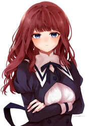  absurdres amahara_nue arms_under_breasts artist_name assault_lily black_ribbon black_skirt blue_eyes blunt_bangs blush breasts brown_hair closed_mouth commentary cropped_jacket crossed_arms female fingernails high-waist_skirt highres juliet_sleeves kaede_johan_nouvel long_hair long_sleeves looking_at_viewer medium_breasts neck_ribbon no_nose puffy_sleeves ribbon school_uniform shirt simple_background skirt solo standing upper_body wavy_hair white_background white_shirt yurigaoka_girls_academy_school_uniform 