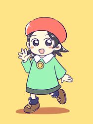  absurdres adeleine beret black_hair blue_socks blush blush_stickers brown_footwear collared_shirt commentary_request female flat_color full_body green_shirt green_skirt hand_up happy hat highres kirby_(series) leg_up lolicon long_sleeves looking_at_viewer miniskirt miwa_(ahyuck) open_mouth purple_eyes red_hat shirt shoes short_hair sidelocks simple_background skirt smile socks solo standing standing_on_one_leg walking waving yellow_background 