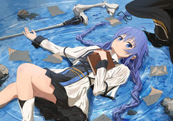  absurdres ahoge black_legwear black_ribbon black_skirt blackwhite_wind blue_eyes blue_hair braid capelet closed_mouth commentary_request female hair_between_eyes hair_ribbon highres holding jacket long_hair long_sleeves lying miniskirt mushoku_tensei official_style on_back open_clothes open_jacket pleated_skirt ribbon roxy_migurdia skirt solo staff twin_braids very_long_hair wet wet_hair wet_jacket white_capelet white_footwear white_jacket 