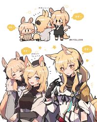  3girls ;d ^_^ absurdres age_progression aged_down alternate_costume animal_ear_fluff animal_ears arknights aunt_and_niece black_gloves black_headwear blemishine_(arknights) blonde_hair breasts chibi closed_eyes gloves hand_up highres kyou_039 long_hair multiple_girls nearl_(arknights) nearl_the_radiant_knight_(arknights) official_alternate_costume one_eye_closed open_mouth siblings simple_background sisters small_breasts smile upper_body whislash_(arknights) white_background yellow_eyes 